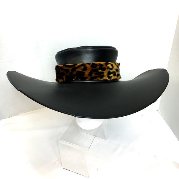 70’s Style Blk Faux Leather Pimp Big Daddy Hat Vtg - Picture 1 of 12